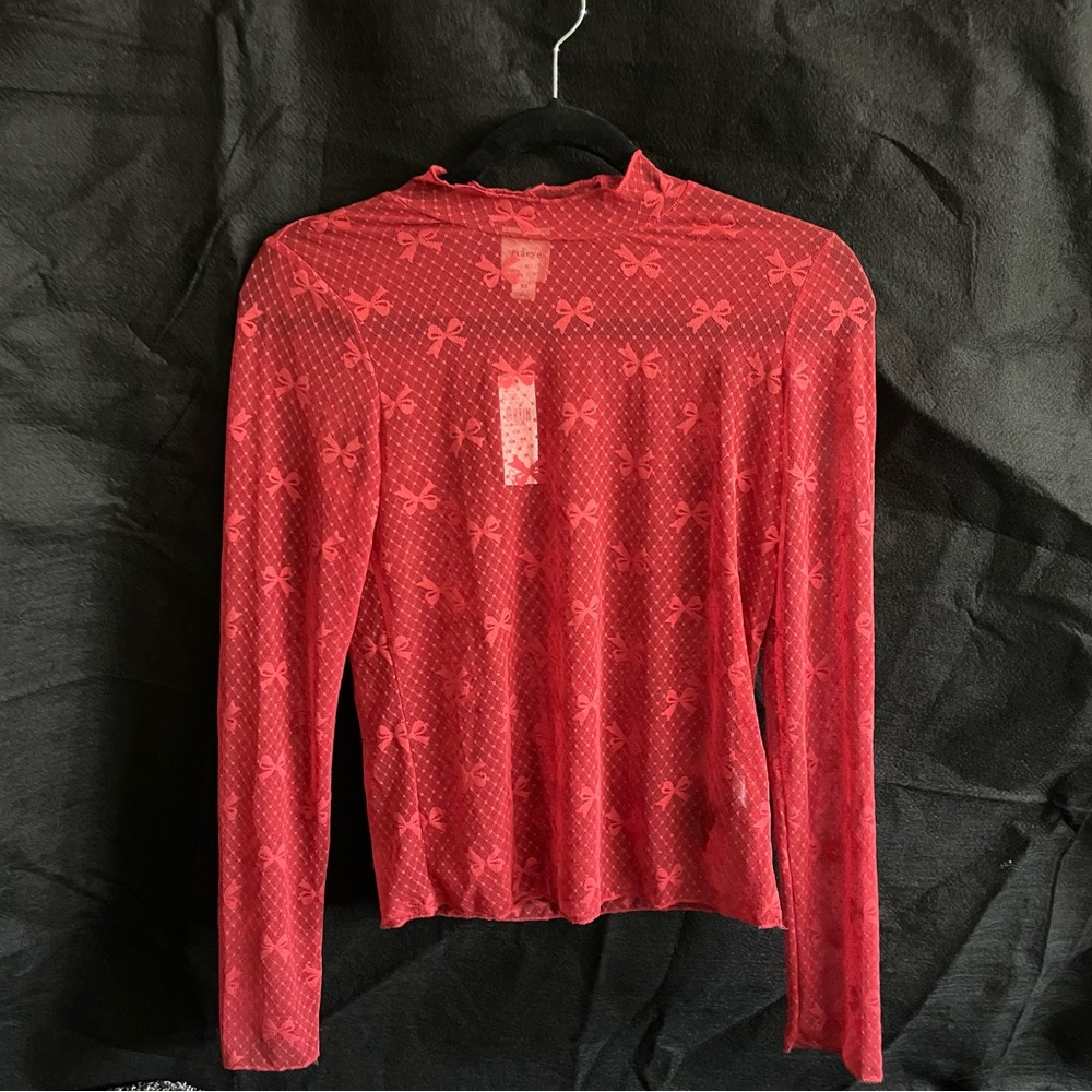 Anthropologie Maeve Bow Sheer Lace Turtleneck Top Red - Picture 6 of 10